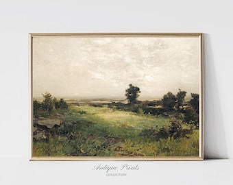Countryside DIGITAL Painting, Neutral Country Vintage Wall Art, Fields Landscape Antique Print, Rustic Farmhouse Decor - PRINTABLE