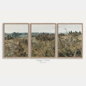 Country Landascape 3 Pieces Vintage Wall Art, Countryside Field Set of 3 Prints, Neutral Split Painting, Farmhouse Decor - PRINTABLE