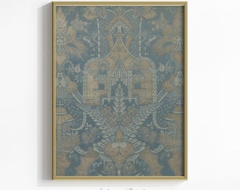 Vintage Textile Wall Art, Blue Tapestry Wall Art, Antique Textile Pattern Print, Blue Tapestry Art, Farmhouse Wall Decor - PRINTABLE