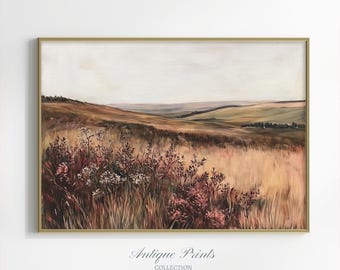 May include: A framed landscape painting featuring a field of tall, dry grasses and wildflowers in shades of brown, pink, and white. Rolling hills and a pale sky are in the background. The text "Antique Prints Collection" is at the bottom.