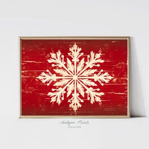 Arte mural vintage de copos de nieve, impresión horizontal navideña, arte mural navideño rojo, pintura con temática invernal, decoración navideña de granja - IMPRIMIBLE