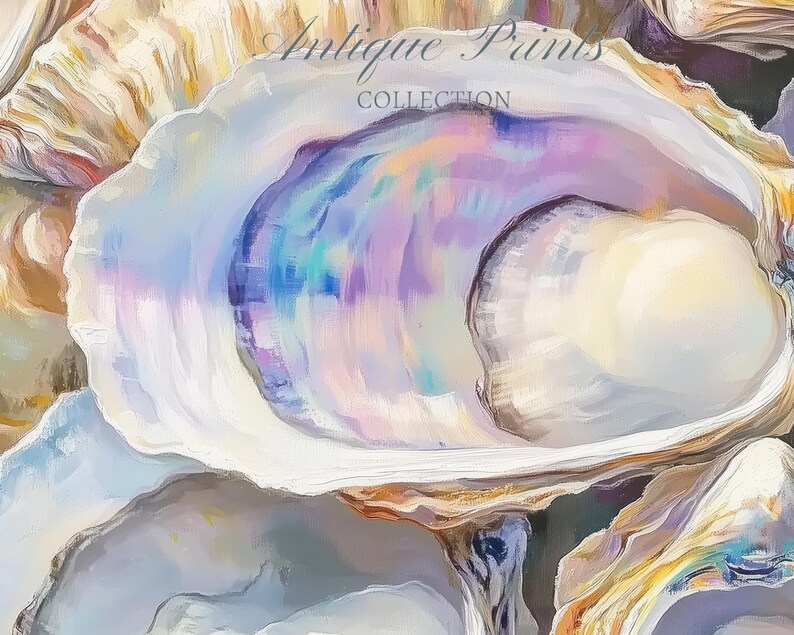 Oysters Wall Art, Pastel Tropical Oil Painting, Coastal Digital Print, Ocean Wall Art, Beach Cottage Decor, Pastel Beach Art - PRINTABLE image 7