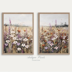Neutral Wildflower Field Set of 2 Prints, Country 2 Pieces Vintage Wall Art, Landscape Painting, Spring Farmhouse Decor - PRINTABLE