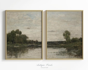 Arte mural de paisajes, conjunto de 2 impresiones divididas de Moody Country, pintura vintage de estilo campestre, decoración rústica de granja - IMPRIMIBLE