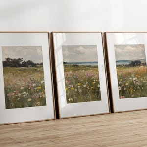 Arte murale floreale di campagna, set di 3 stampe di campi di fiori selvatici, dipinto di paesaggio, stampa di campagna neutra, arredamento da fattoria - STAMPABILE immagine 7