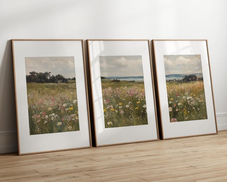 Arte murale floreale di campagna, set di 3 stampe di campi di fiori selvatici, dipinto di paesaggio, stampa di campagna neutra, arredamento da fattoria - STAMPABILE immagine 7