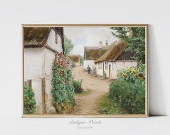 French Country Cottage Painting, Vintage Landscape Print, Antique Countryside Wall Art, Farmhouse Wall Decor - PRINTABLE