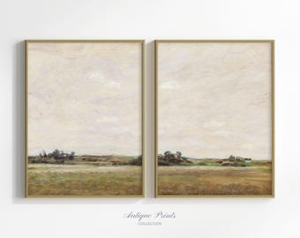 Set of 2 Vintage Country Landscape DIGITAL Prints, Antique Neutral Rustic PRINTABLE 2 Pieces Wall Art, Farmhouse Wall Decor