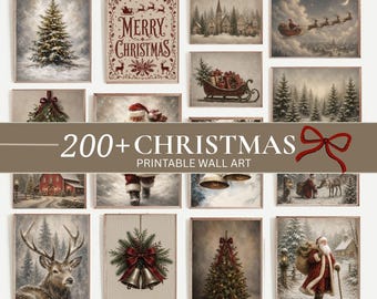 Vintage Christmas Prints Bundle 200, Snowy Winter Landscape, Santa Claus, Festive Holiday Decor (Digital Download)