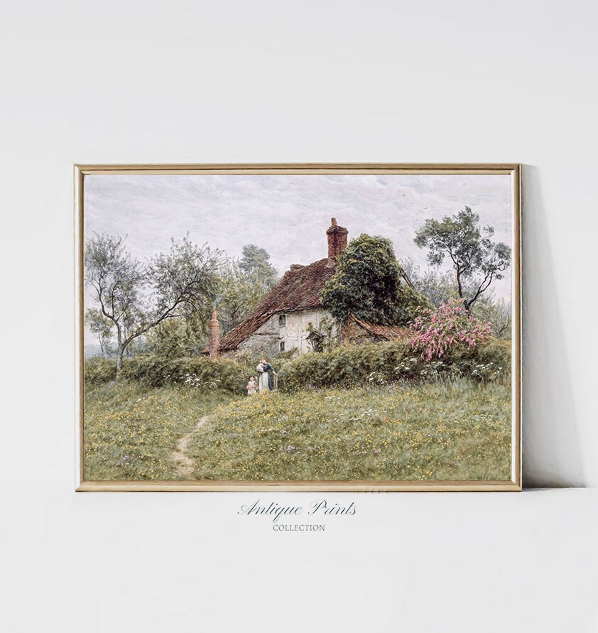 Vintage Cottage Painting, Landscape Print, Spring Garden