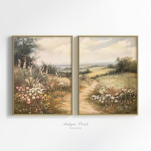Floral Landscape Set of 2 Split Print, Country 2 Pieces Cottage Wall Art, French Country Oil Painting, Farmhouse Decor - PRINTABLE
