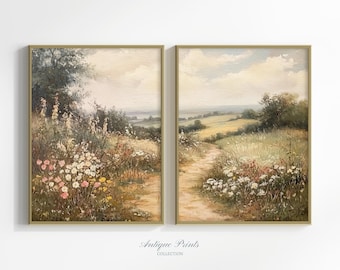 Floral Landscape Set of 2 Split Print, Country 2 Pieces Cottage Wall Art, French Country Oil Painting, Farmhouse Decor - PRINTABLE