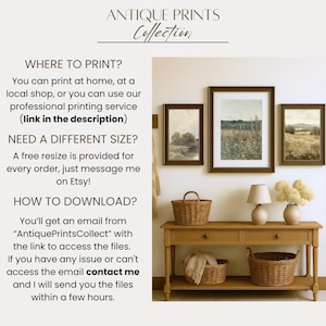 The image is an advertisement for an antique prints collection, featuring a wooden table with baskets, a painting on the wall, and text providing information about where to print, the possibility of a free resizing, and how to download the files.