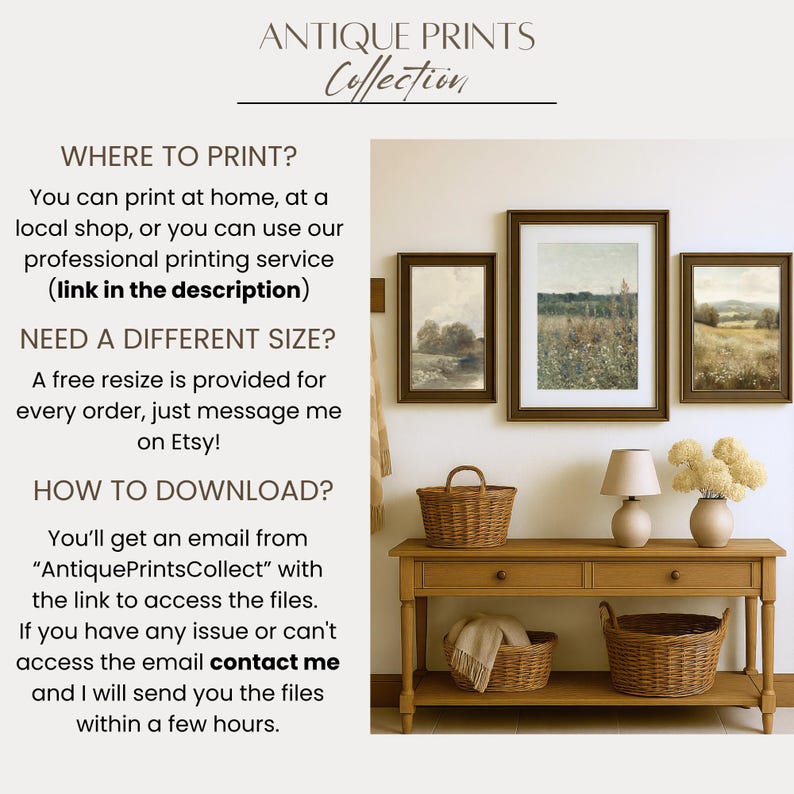 The image is an advertisement for an antique prints collection, featuring a wooden table with baskets, a painting on the wall, and text providing information about where to print, the possibility of a free resizing, and how to download the files.