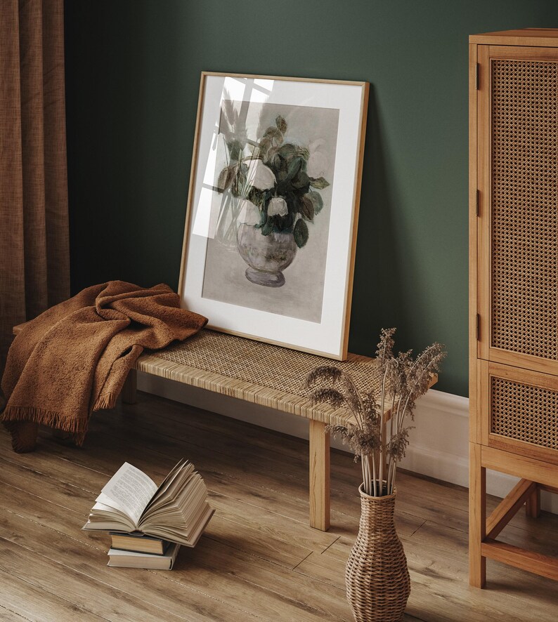 Sztuka ścienna z wazonem na kwiaty w stylu vintage, neutralny obraz martwej natury, antyczne kwiaty na ścianę, kwiatowy nadruk botaniczny, wystrój domu w stylu rustykalnym – DO DRUKU zdjęcie 4