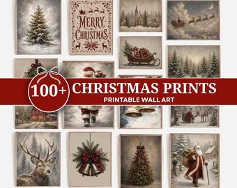 Christmas Prints Bundle 100+, Snowy Winter Landscape, Vintage Santa Claus, Festive Holiday Decor (Digital Download)