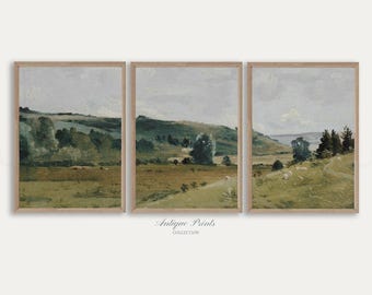 Summer Landscape Set of 3 Split Print, French Country 3 Pieces Vintage Wall Art, Neutral Painting, Farmhouse Decor - PRINTABLE