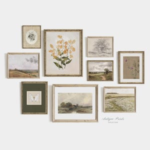 May include: A gallery wall featuring nine framed prints with nature-inspired themes. The prints include a butterfly, flowers, landscapes, and trees. The frames are all in a similar style, with a light wood finish. The text "Antique Prints Collection" is at the bottom of the image.