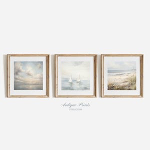 Coastal Prints, Printable Set of 3 Square Beach Wall Art, Vintage Seascape Painting, Light Blue Coastal Decor, Gallery Wall, Digital Art