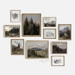Rustic Mountain Gallery Wall Set of 10 Prints, Forest Landscape Painting,  Antique Nordic Mountain Wall Art, Farmhouse Decor - PRINTABLE