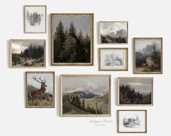 Rustic Mountain Gallery Wall Set of 10 Prints, Forest Landscape Painting,  Antique Nordic Mountain Wall Art, Farmhouse Decor - PRINTABLE