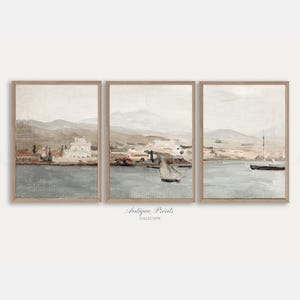 Set of 3 Muted Coastal Painting, Vintage Neutral Mediterranean 3 Pieces Wall Art, Antique Seascape Print, Beach Cottage Decor - PRINTABLE image 1