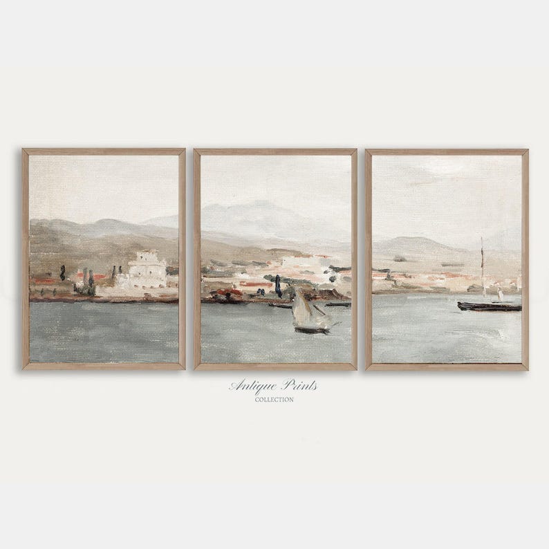 Set of 3 Muted Coastal Painting, Vintage Neutral Mediterranean 3 Pieces Wall Art, Antique Seascape Print, Beach Cottage Decor - PRINTABLE image 1