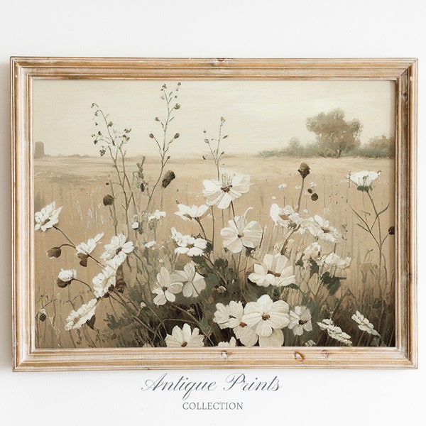 Neutral Wildflowers Print, Antique Country Painting, Vintage Meadow Wall Art, Summer Countryside Art, Rustic Farmhouse Decor - PRINTABLE