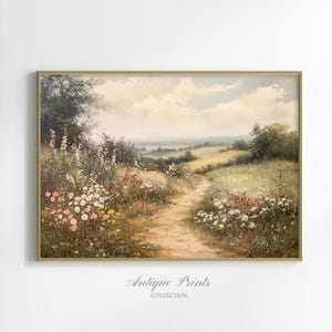 Wildflower Field Print, Neutral Country Large Wall Art, Meadow Landscape Painting, Antique Rustic Farmhouse Decor - PRINTABLE