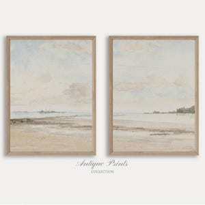 Vintage Watercolor Seascape Wall Art, Muted Coastal Set of 2 Painting, Antique Beach Landscape Print, Neutral Cottage Decor - PRINTABLE