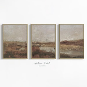 Vintage Landscape Set of 3 Painting, Rustic Autumn Country Wall Art, Antique Fall Countryside Print, Pond 3 Pieces Wall Art - PRINTABLE