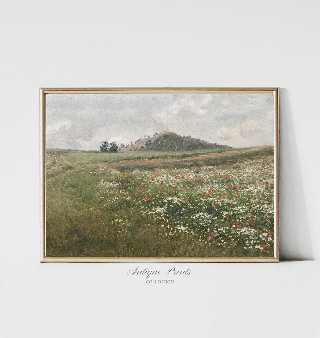 ポピー畑の絵画ヴィンテージ、アンティークカントリー風景画、野生の花