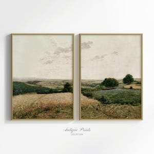 Neutral Country 2 Pieces Vintage Wall Art, Fields Landscape Set of 2 Split Prints, Countryside Painting, Rustic Farmhouse Decor - PRINTABLE