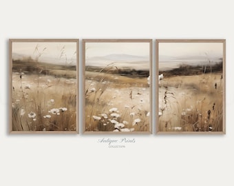 Neutrale kunst aan de muur wilde bloemen, platteland set van 3 prenten, landschap 3 stuks vintage muurkunst, lente boerderij decor - AFDRUKBAAR
