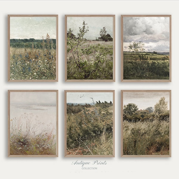 Wildflower Field Set of 6 Prints, Country 6 Pieces Vintage Wall Art, Landscape Painting, Neutral Gallery Wall, Farmhouse Decor - PRINTABLE