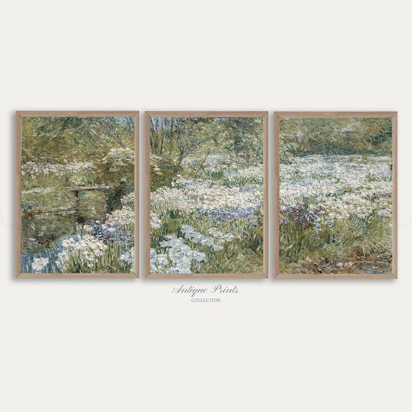 Juego de 3 impresiones de paisajes primaverales, pintura vintage de flores silvestres, arte de pared de 3 piezas de estilo rústico francés, decoración rústica neutra - IMPRIMIBLE