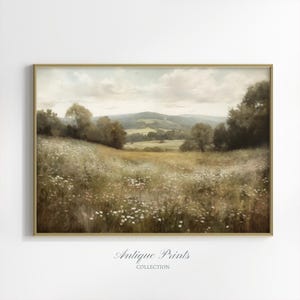 Wildflower Field Print, Vintage Neutral Country Large Wall Art, Meadow Landscape Painting, Antique Rustic Farmhouse Decor - PRINTABLE