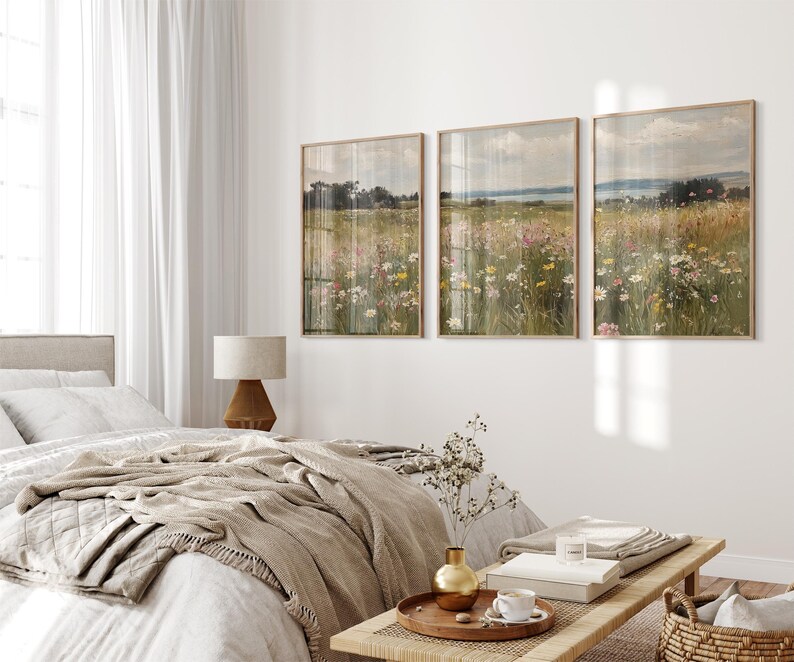 Arte murale floreale di campagna, set di 3 stampe di campi di fiori selvatici, dipinto di paesaggio, stampa di campagna neutra, arredamento da fattoria - STAMPABILE immagine 4