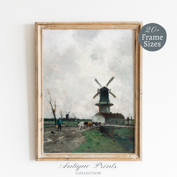Antique Cattle Printable Art, Country Landscape Oil Painting, Duch Windmill DIGITAL Print, Moody Farmhouse Large Wall Art