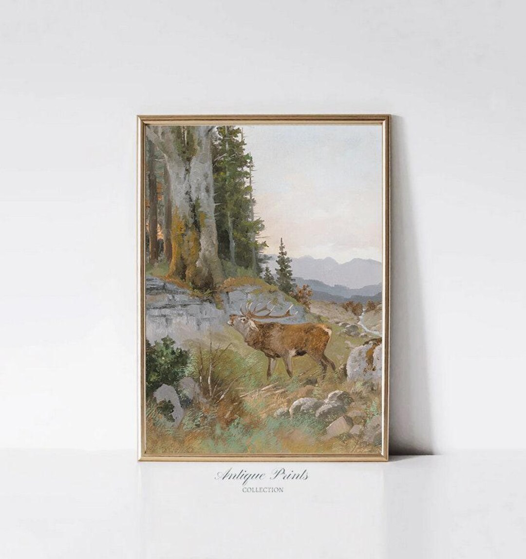 Deer Wall Art Vintage, Antique Mountain Landscape Painting, Deer Print ...