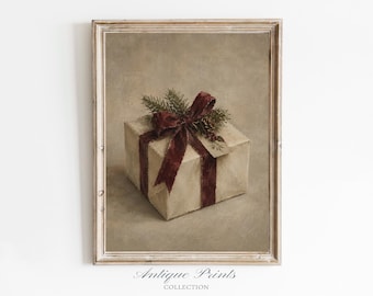 Vintage Christmas Present Print, Printable Farmhouse Winter Holidays Decor, Festive Wall Art, Digital Download