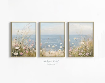 Coastal Wildflowers Set of 3 Prints, Printable Neutral Ocean Landscape Painting, Vintage Floral Seascape Wall Art, Summer Flowers Print
