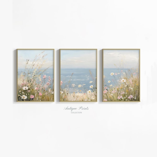 Juego de 3 impresiones de flores silvestres costeras, pintura imprimible de paisaje oceánico neutro, arte mural de paisaje marino floral vintage, impresión de flores de verano