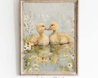 Easter Chicks Painting, Printable Spring Wall Art, Floral Easter Print, Spring Farmhouse Decor, Cottage core Wall Art, Digital Download