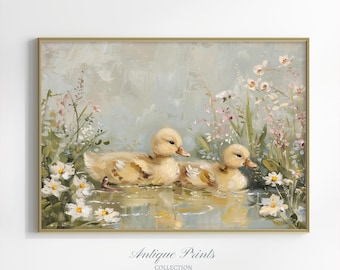 Spring Chicks Painting, Printable Easter Wall Art, Floral Easter Print, Spring Farmhouse Decor, Cottage core Wall Art, Digital Download