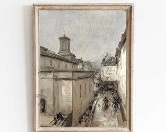 Neutral Paris Painting, Antique Cityscape Print, Vintage Paris Wall Art, Muted French Architecture Painting - PRINTABLE