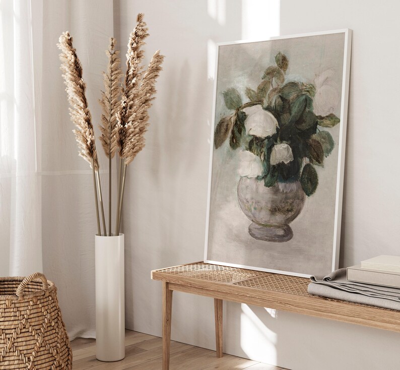 Sztuka ścienna z wazonem na kwiaty w stylu vintage, neutralny obraz martwej natury, antyczne kwiaty na ścianę, kwiatowy nadruk botaniczny, wystrój domu w stylu rustykalnym – DO DRUKU zdjęcie 5