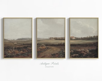 Landscape Printable 3 Pieces Wall Art, Vintage Country Painting, Moody Set of 3 Split Print, Countryside Print, Farmhouse Decor - PRINTABLE