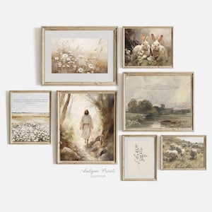 May include: A set of eight framed prints with a variety of nature scenes, including a field of flowers, a forest path, a river, and a field of sheep. The prints are all in a light brown frame with a white mat.