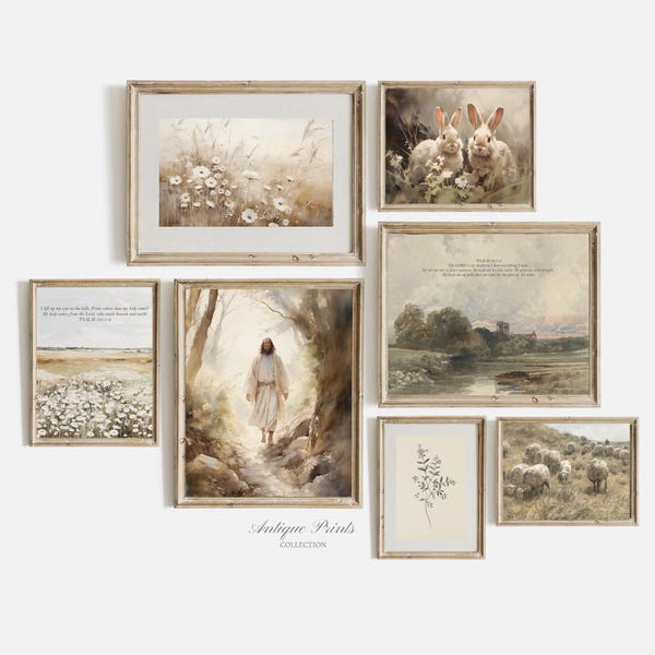 Christian Art Set of 7 Prints, Neutral Easter Gallery Wall Set, Cottage Decor, Antique Bible Verse Wall Art, Psalm Scripture Art, PRINTABLE